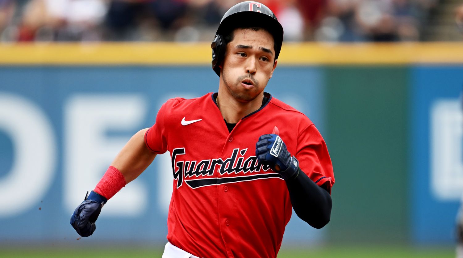 Sep 19, 2022; Cleveland, Ohio, USA; Cleveland Guardians left fielder Steven Kwan (38) rounds the bases during an RBI triple in the second inning against the Minnesota Twins at Progressive Field.